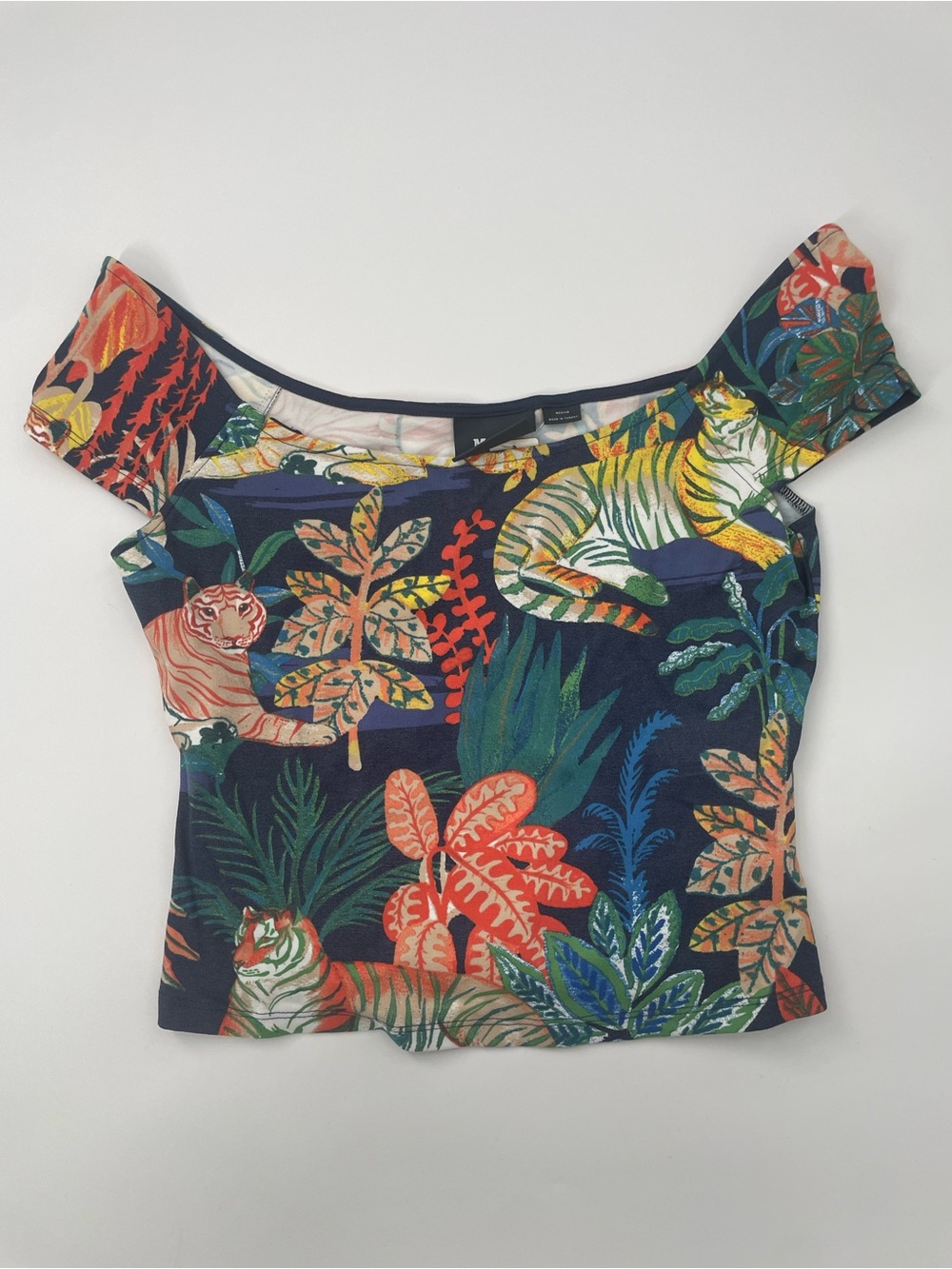 Anthropologie Maeve Navy Tropical Tiger Off-Shoulder Crop Top
